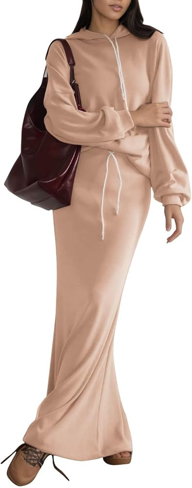 EXLURA Womens Sweatsuits 2 Piece Long Sleeve Hoodies Matching Bodycon Maxi Long Skirt Sets Sweat ... | Amazon (US)