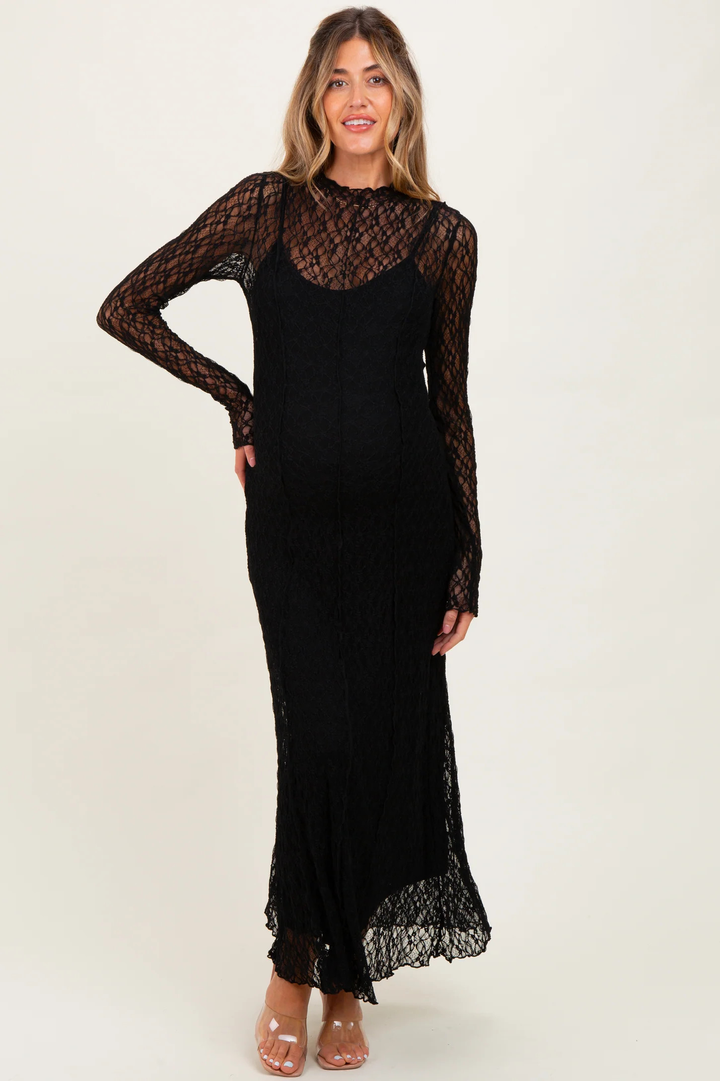 Black Lace Mock Neck Long Sleeve Maternity Maxi Dress | PinkBlush Maternity