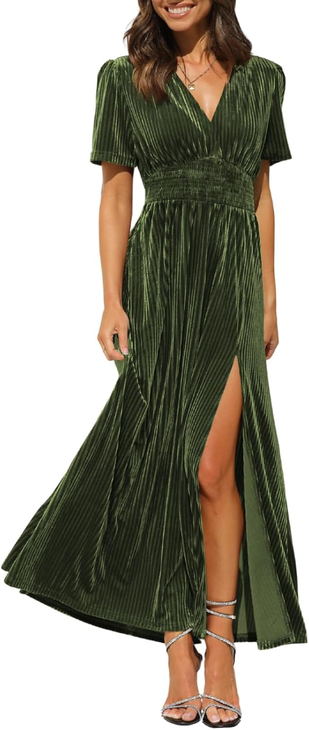 Women's Velvet Maxi Dress Fall Formal Wedding Guest Cocktail Dress | Amazon (US)