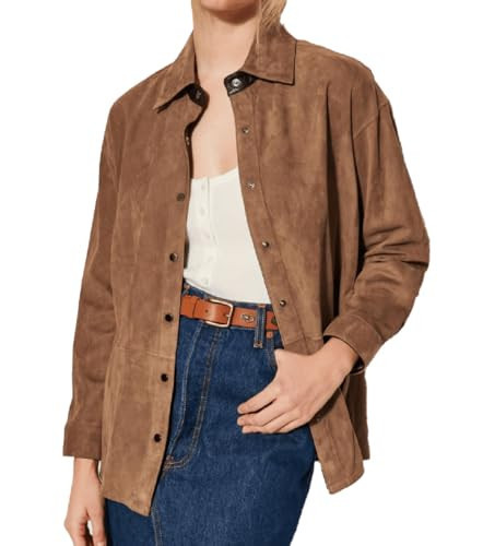 Isaac & David Chicago Women’s Real Suede Leather Shirt Casual Shirt for Women Long Sleeve Snap Button Down Shirt Suede Shirt (as1, alpha, xx_l, regular, regular, Brown Suede Leather Shirt) | Amazon (US)