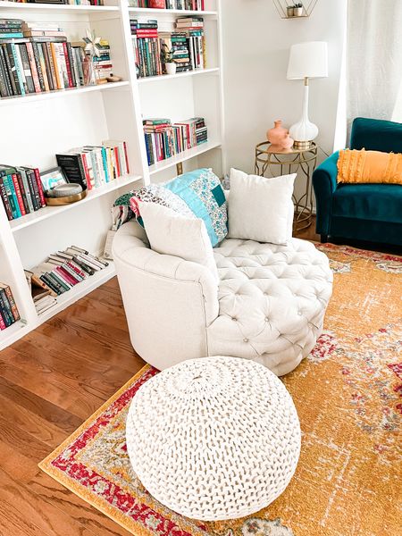 Reading room, reading chair, bookshelf, bookshelves, area rug, blue couch, gold table, foot stool 

#LTKstyletip #LTKhome