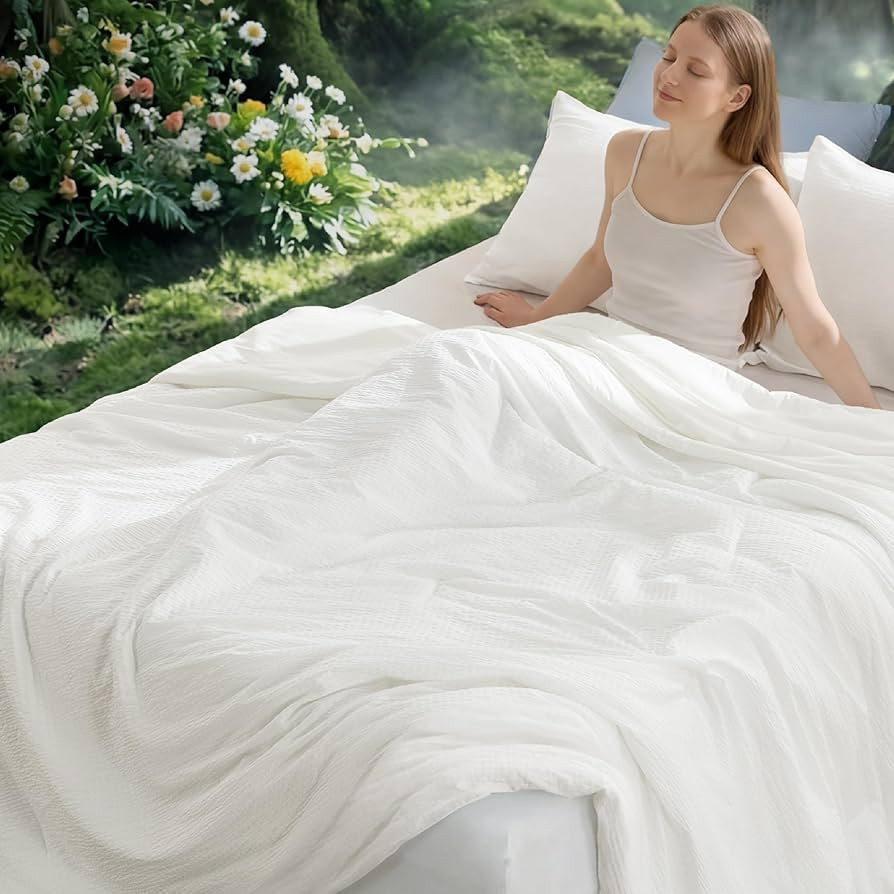 Bedsure SleepEase Cooling Comforter King Size for Summer, 3 Pieces White Seersucker Cooling Comforters for Hot Sleepers, Double-Sided Cool Tech Bedding Set with 1 Breathable Comforter, 2 Pillowcases | Amazon (US)