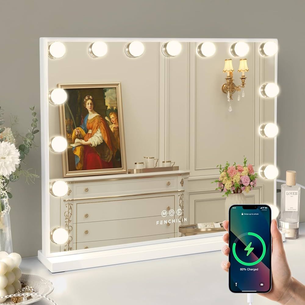 FENCHILIN Vanity Mirror with Lights, 22.8"x 18.1" Hollywood Makeup Mirror with 15 LED Dimmable Bu... | Amazon (US)