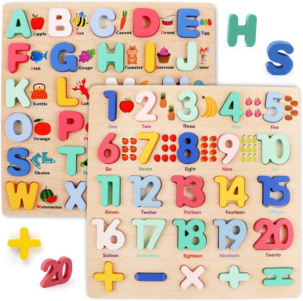 Wooden Puzzles for Toddlers, 2 Pack Wooden ABC Letter Alphabet Number Puzzles for Kids Ages 1 2 3... | Amazon (US)