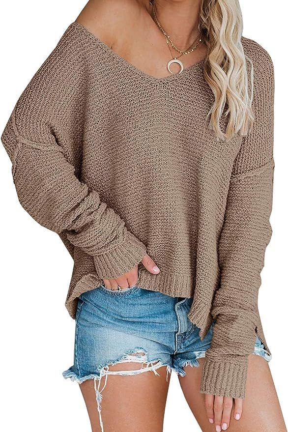 Women’s Off Shoulder Knit Sweaters Oversized V Neck Batwing Sleeve Loose Lightweight Pullover T... | Amazon (US)