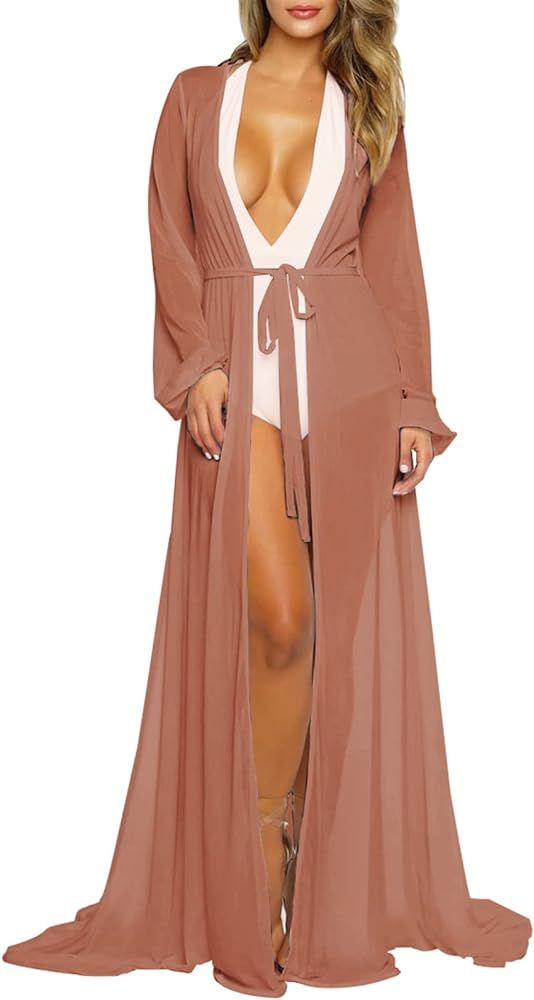 Pink Queen Women's Long Sleeve Flowy Maxi Bathing Suit Swimsuit Tie Front Robe Cover Up | Amazon (US)