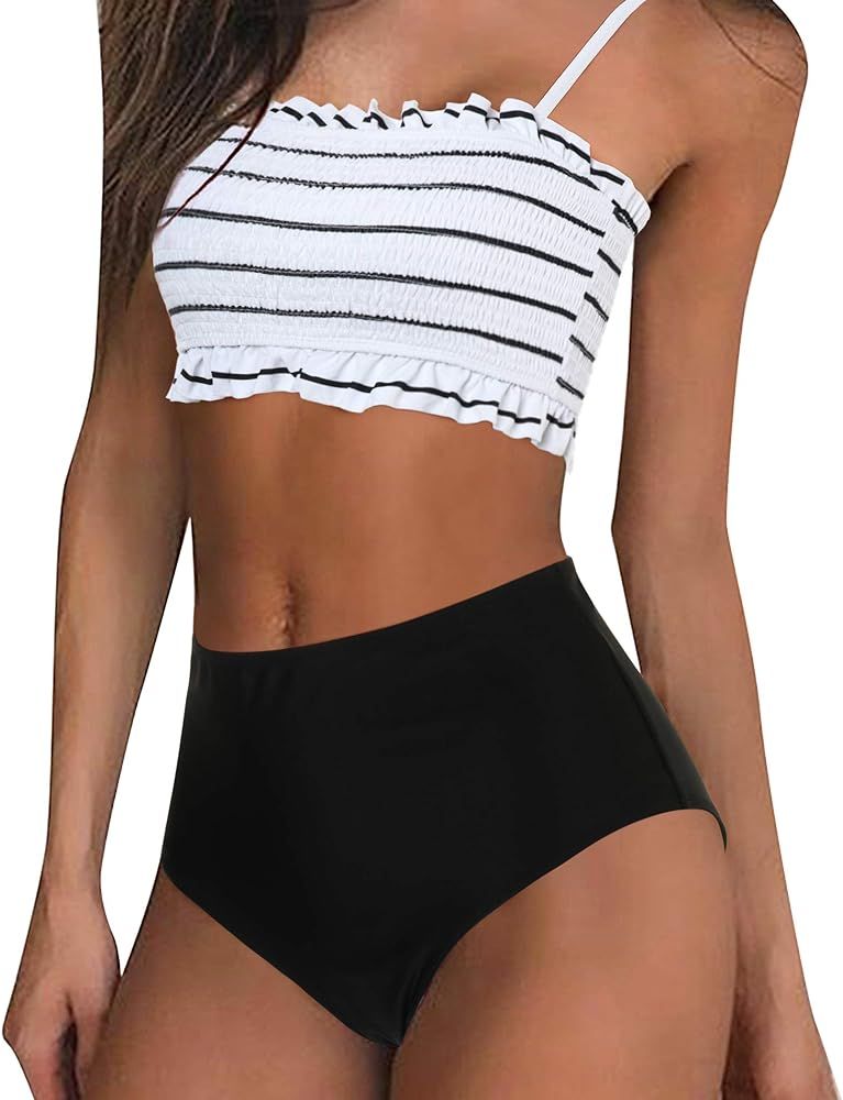 MOOSLOVER Women's Shirred Bandeau Bikini Top High Waisted Bottom 2 Piece Swimsuits Bikini Set | Amazon (US)