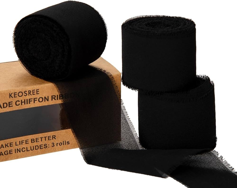 3 Rolls Black Handmade Chiffon Ribbon,1.5" x 21Yd Frayed Fringe Silk Ribbons (3 Rolls *7Yd) for G... | Amazon (US)