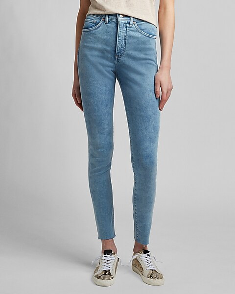 High Waisted Light Wash Raw Hem Skinny Jeans | Express