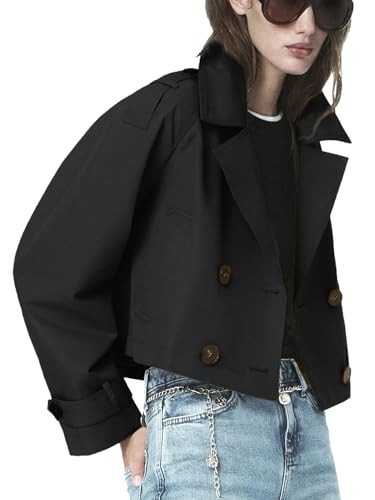 ELLEVEN Cropped Trench Coat for Women Lightweight Short Jackets Long Sleeve Notched Lapel Work Casual Loose Fit Fall Coats Old Money Clothes Black X-Small | Amazon (US)
