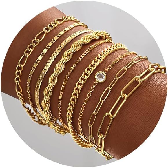 Gold Bracelets for Women, 14K Gold Plated Dainty Bracelets Set, Layered Chain Bracelets Pack Jewelry | Amazon (US)