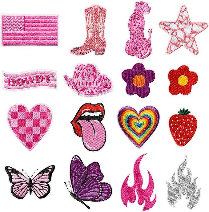 16Pcs Pink Y2K Iron on Patches Preppy Western Cowgirl Sew on Applique Repair Embroidered Patches ... | Amazon (US)