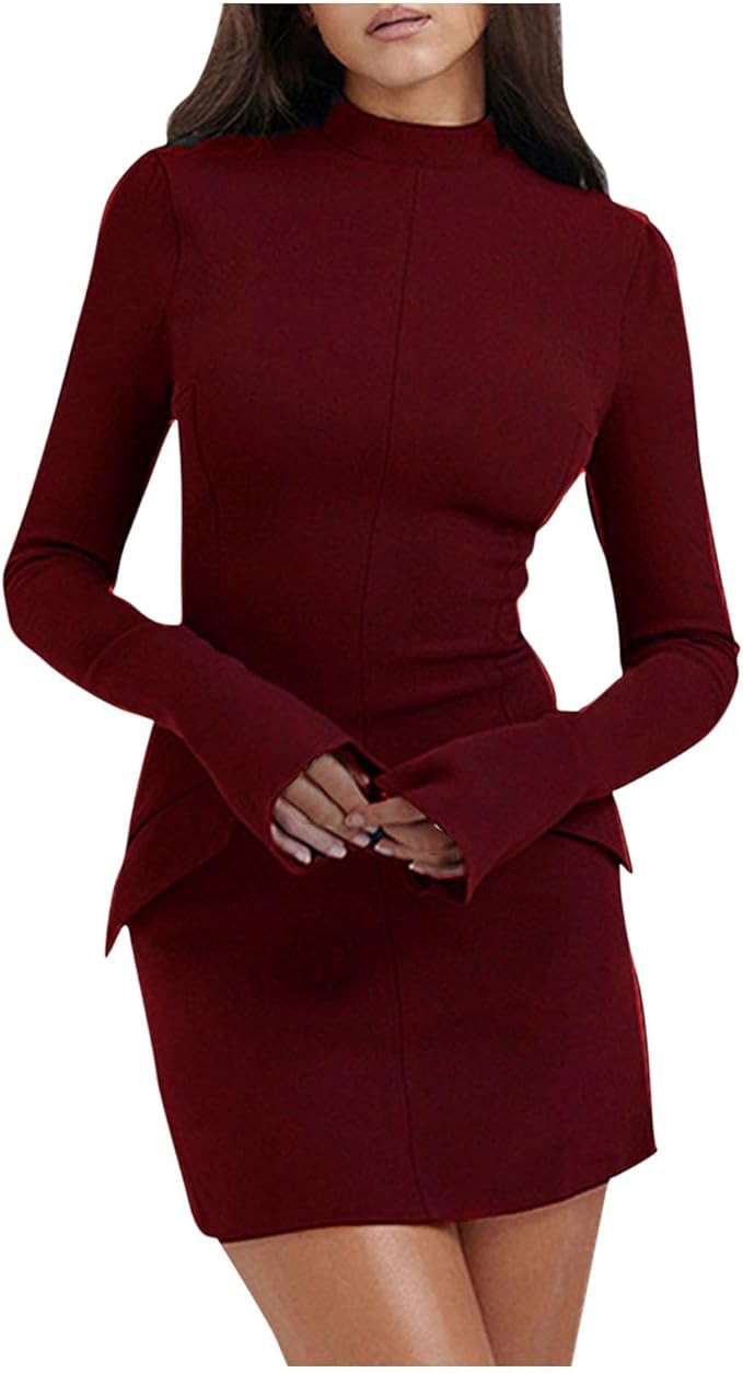 Women's Long Sleeve Cargo Dress Mock Turtle Neck Wrap Bodycon Mini Dress Slim Fit Casual Tank Sho... | Amazon (US)
