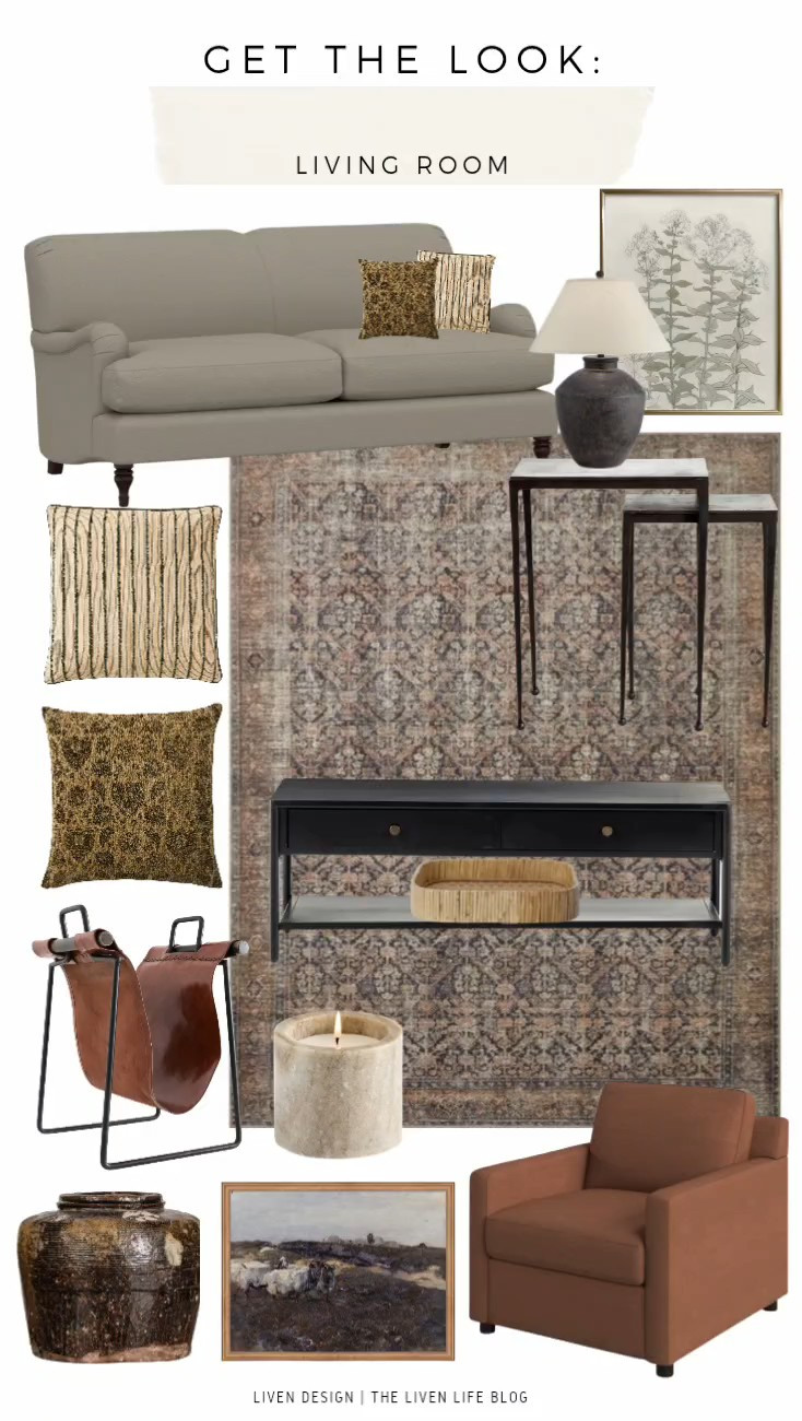 Vintage modern living room. Layered neutral textured room. Distressed aged antique rug. Black coffee table. Throw pillows. Nesting tables. Earthy vase. Earthy resin table lamp. Botanical art. Arm chair

#LTKSeasonal #LTKHome #LTKSaleAlert