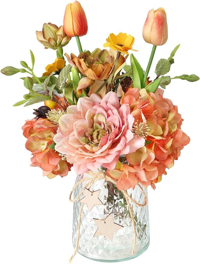 Artificial Flowers with Vase, Hydrangea Artificial Flowers Silk Artificial Flower Arrangement Fak... | Amazon (US)