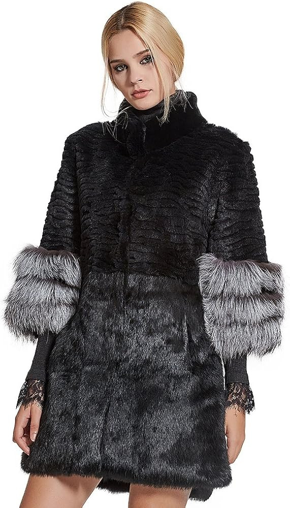 Fur Story Women's Genuine Rabbit Fur Coat With Fox Fur Cuffs Warm Winter Coat Black Long Jacket | Amazon (US)