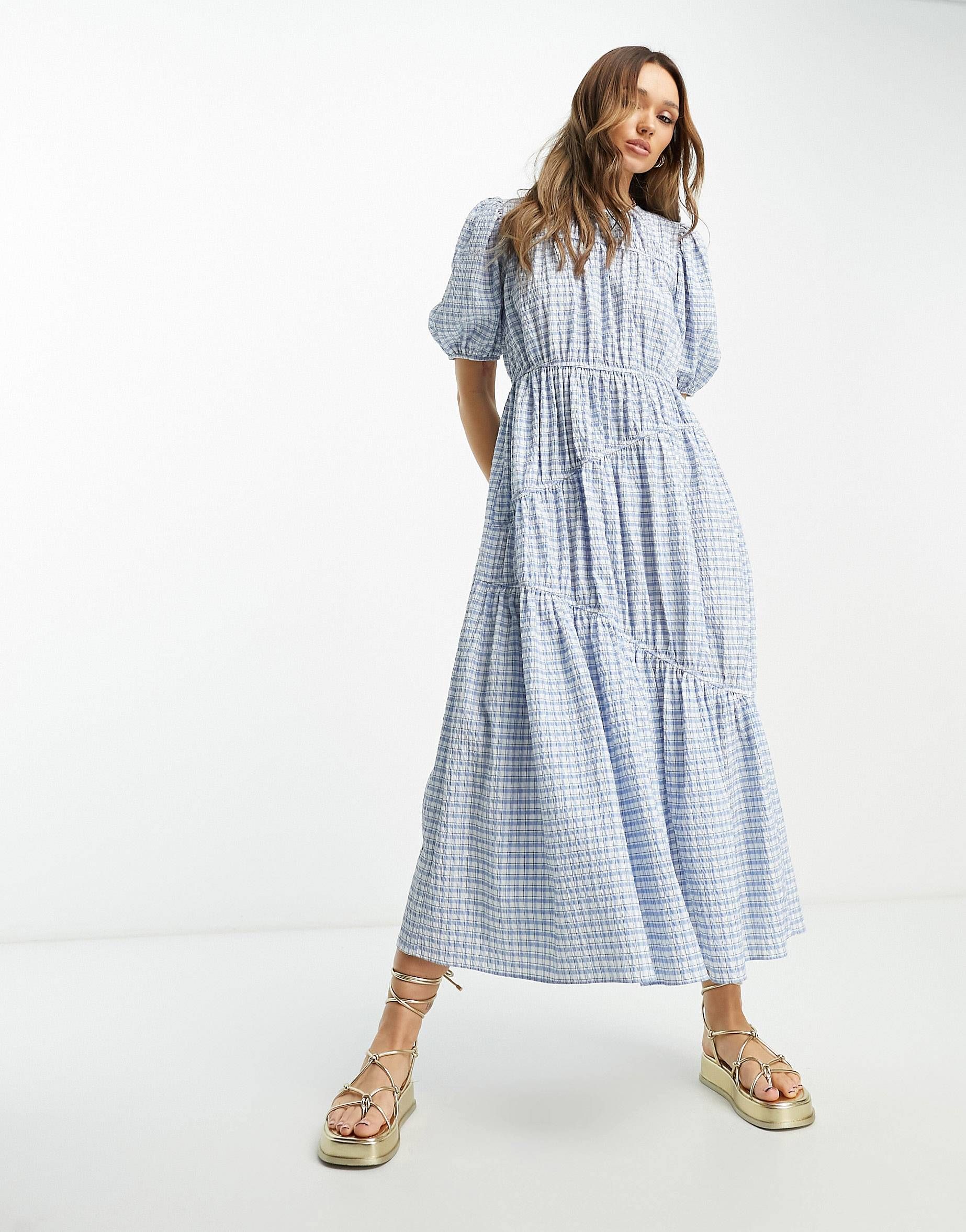 ASOS DESIGN gathered tiered midi dress in blue picnic plaid | ASOS (Global)