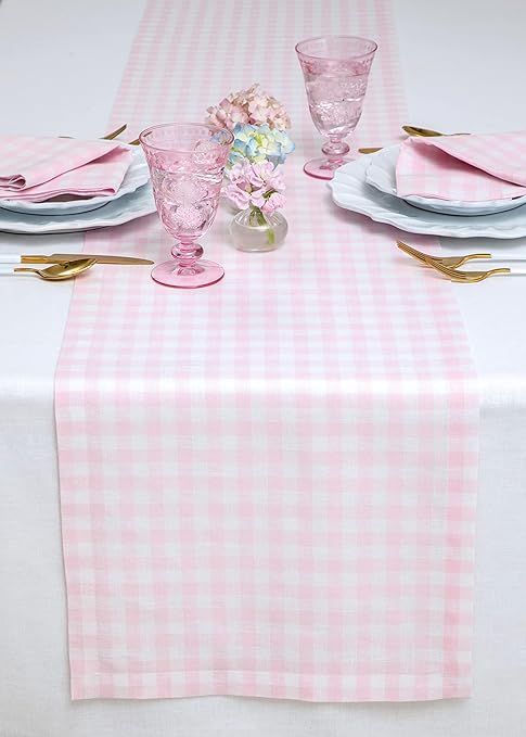 Solino Home Gingham Check Linen Table Runner – 14 x 72 Inch Marshmellow Pink – 100% Pure Line... | Amazon (US)