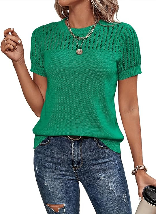 Dokotoo Womens Summer Tops Dressy Casual Crewneck Short Sleeve Shirts Solid Hollow Out Knit Loose... | Amazon (US)