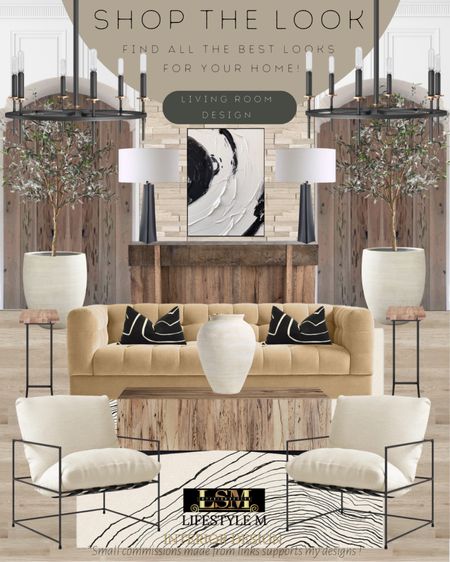 Contemporary farmhouse living room idea. Beige contemporary sofa, metal frame upholstered lounge chair, rustic wood coffee table, wood metal frame end table, rustic solid wood console table, black throw pillows, stripped white living room rug, ceramic vase, ceramic tree planter pot, realistic fake tree, black table lamp, modern wall art, living room wheel chandelier.

#LTKFind #LTKstyletip #LTKhome
