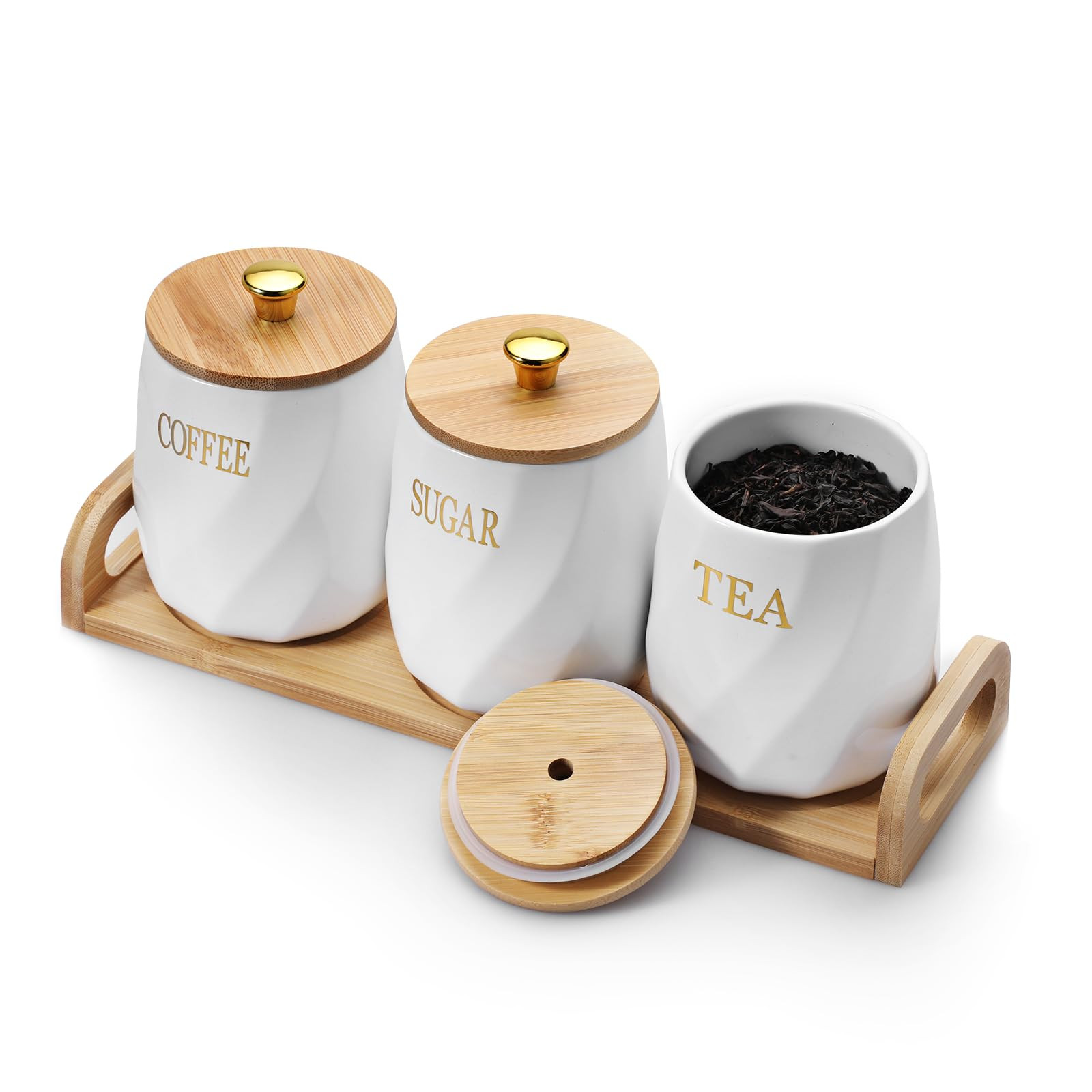 3 Pack Ceramic Canister Set with Bamboo Lids and Handle Tray, Coffee Tea Sugar Container Set, Whi... | Amazon (US)