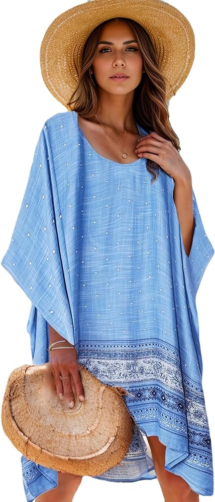 Moss Rose Women's Beach Kaftan Dresses Kimono Swimsuit Cover up for Bathing Suit with Floral Patt... | Amazon (US)