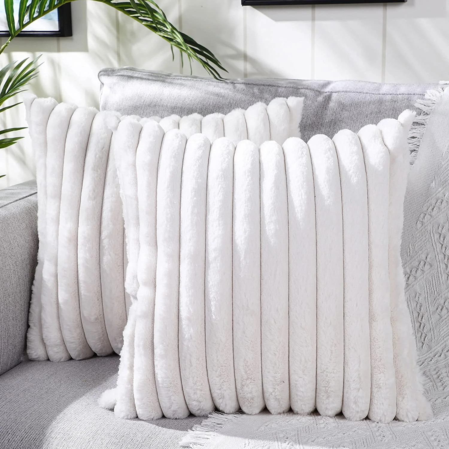 Pack of 2 Faux Fur Plush Decorative Throw Pillow Covers Fuzzy Striped Soft Pillowcase | Walmart (US)