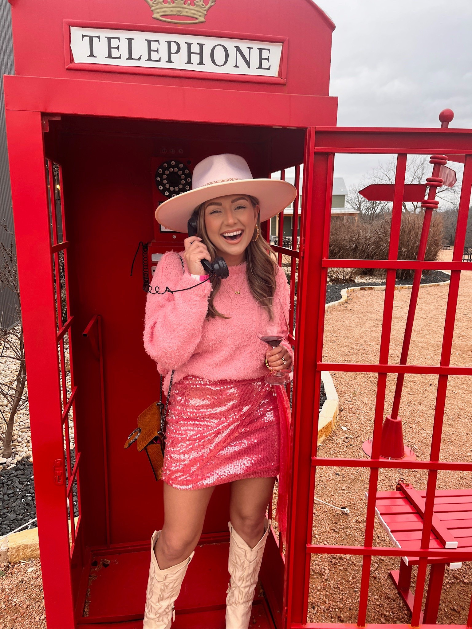 Finally sharing outfits from a recent bachelorette trip to Fredericksburg! 🩷

Size details:
Vici Sweater: XS (runs generous) take your normal size or size down one. I’m typically a small. 
Vici Wrap skirt: M (runs generous) take your normal size or size down one. I’m typically a size medium in bottoms and could have sized down to a small!
Boots: Dolce Vita & TTS