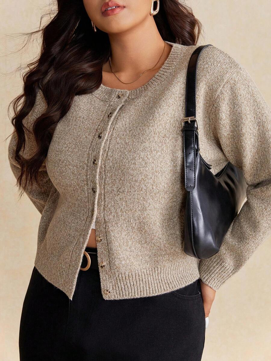Elaquor Plus Size Solid Color Round Neck Drop Shoulder Single-Breasted Casual Cardigan In Fall/Wi... | SHEIN