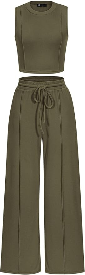 PRETTYGARDEN Women's Summer 2 Piece Loungewear Set Cropped Tank Top Wide Leg Sweatpants Tracksuit... | Amazon (US)