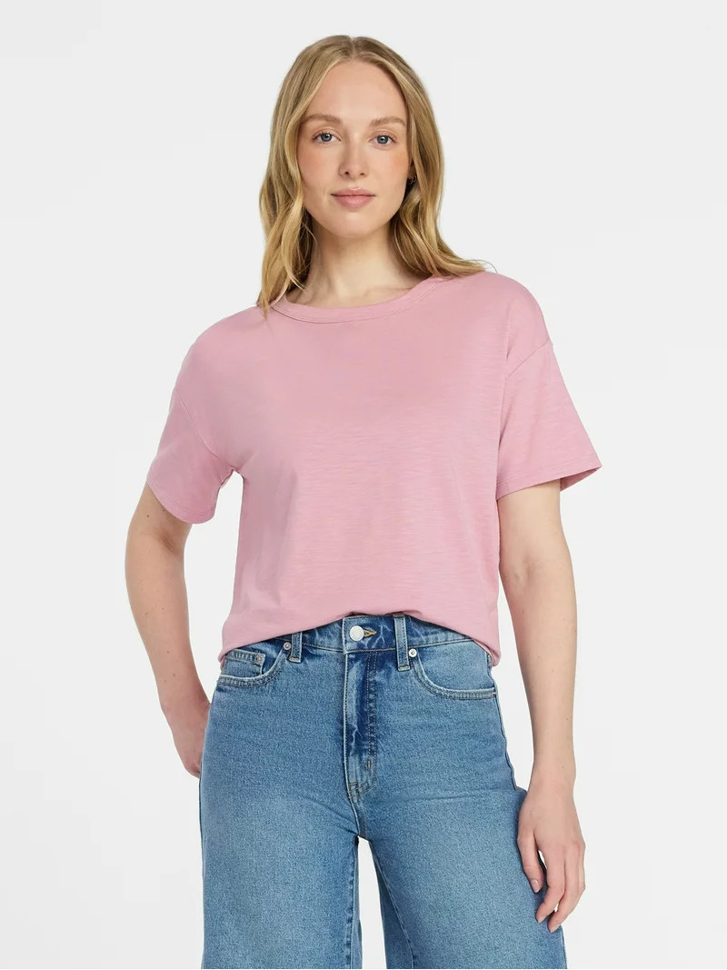 Time and Tru Women's Boxy Slub Tee with Short Sleeves, Sizes XS-XXXL | Walmart (US)