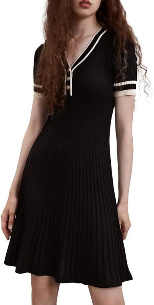 Women's Short Sleeve Tweed Knitted Sweater Dress Pearl Button Mini Dresses for Spring Summer Fall | Amazon (US)