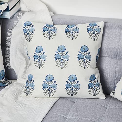 Lisa Fine Mughal Flower Pillow Cover in Monsoon Designer Flower Pillow Blue Throw Pillows Farmhouse  | Amazon (US)