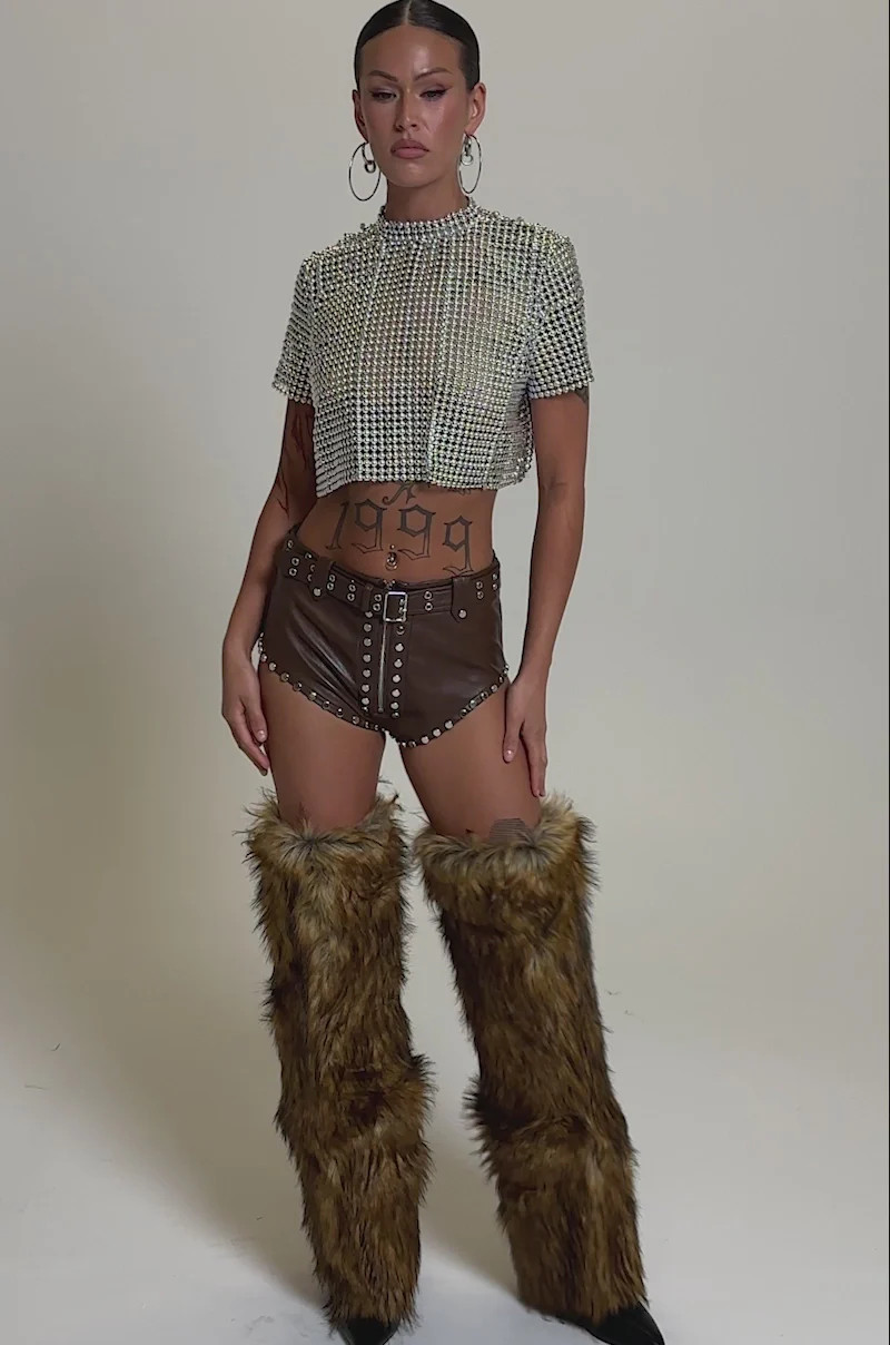 BABY PLZ FAUX LEATHER STUD HOT SHORT IN BROWN | AKIRA