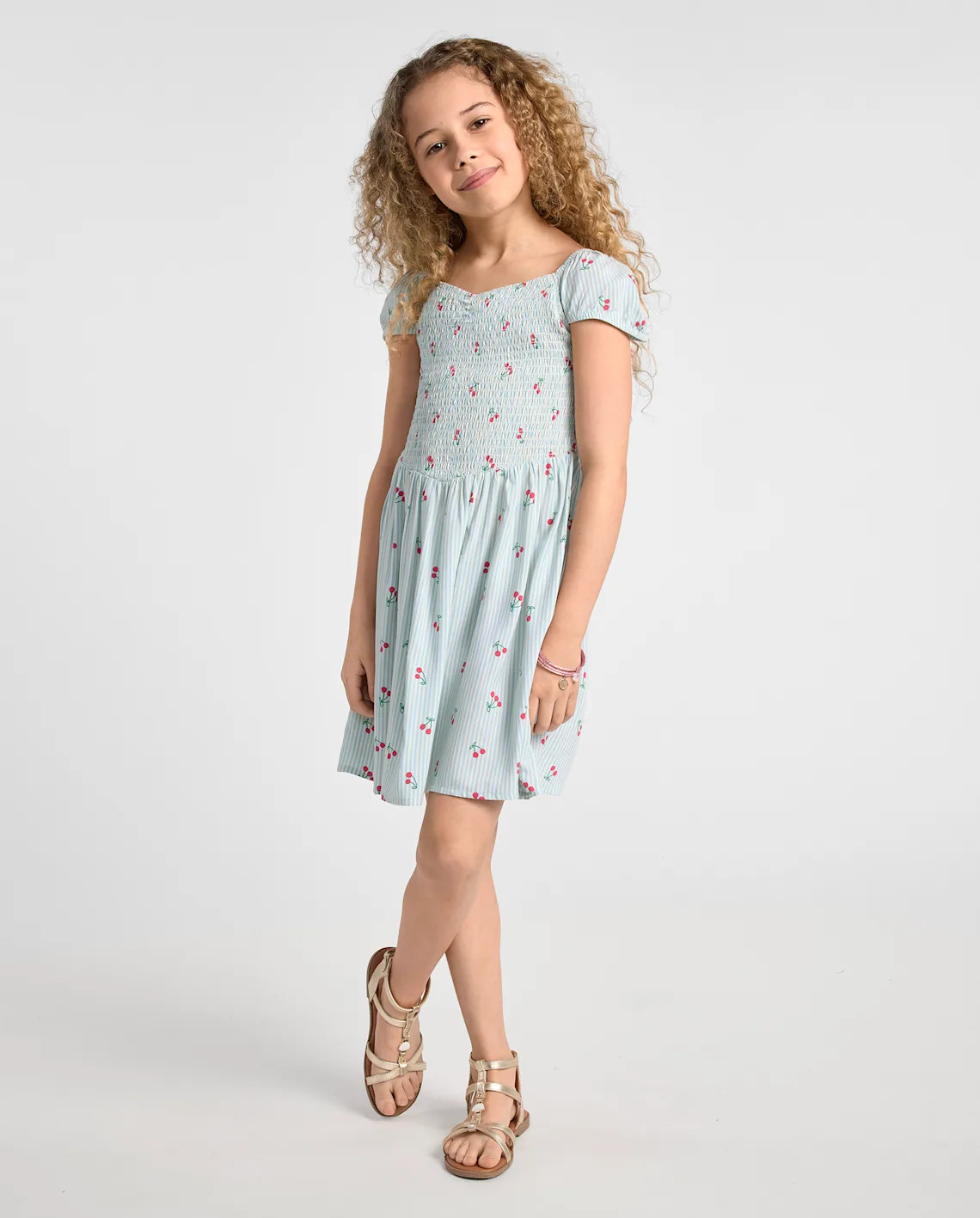 Girls Striped Cherry Smocked V-Waist Dress - blue | The Children's Place