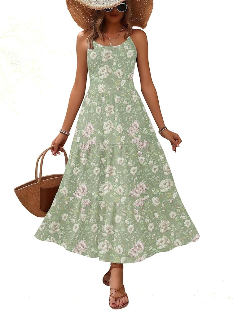 Zeagoo Womens Summer Long Dress Adjustable Spaghetti Strap Floral Casual Dress with Pockets Flowy... | Amazon (US)