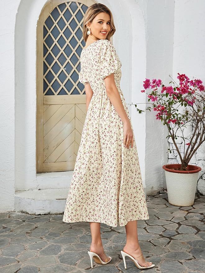 Summer Floral Midi Dress Puff Sleeve Smocked V Neck 2024 Casual Boho Dresses for Women | Amazon (US)