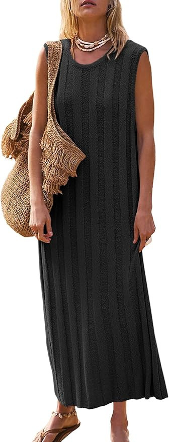 Fisoew Women's Summer Sleeveless Maxi Dress Scoop Neck Ribbed Knit Tank Top Dresses | Amazon (US)
