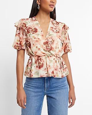 Floral V-neck Puff Sleeve Surplice Blouse | Express