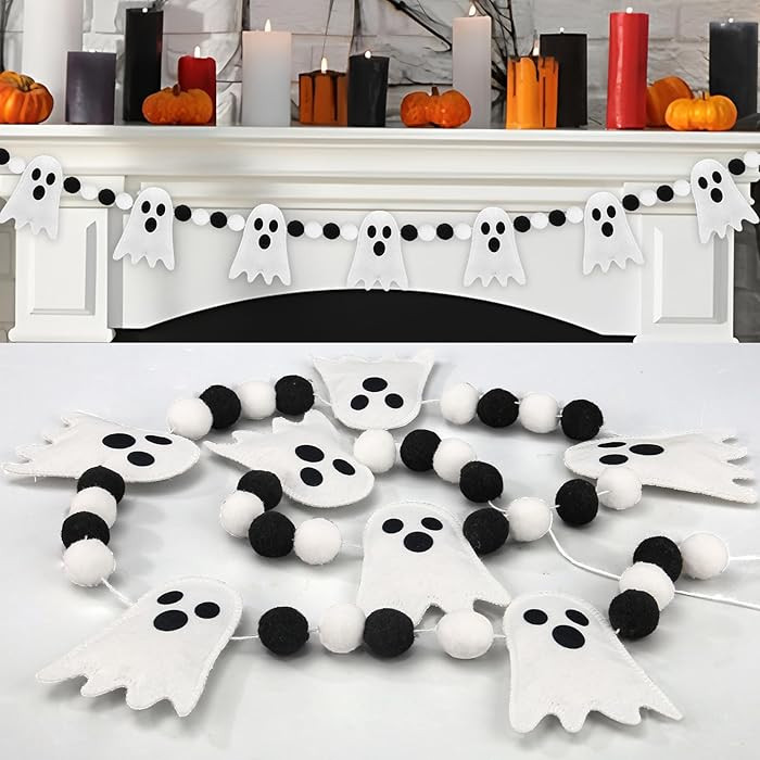 Halloween Garland Cute Ghost Felt Garland 3D Ghost Hanging Banner White Black Pom Pom Ball Banner... | Amazon (US)