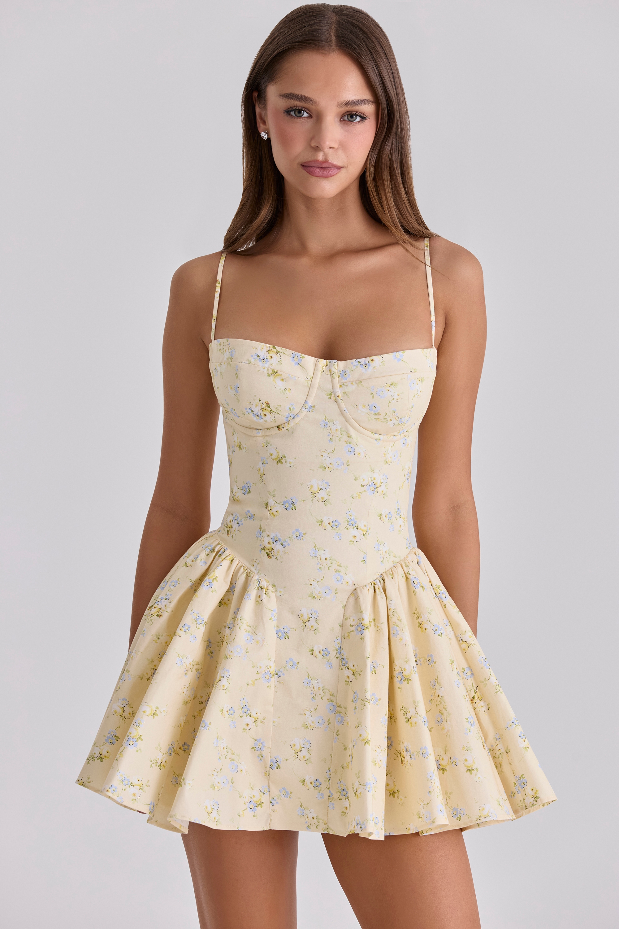 lemon floral print cotton corset mini dress | House of CB