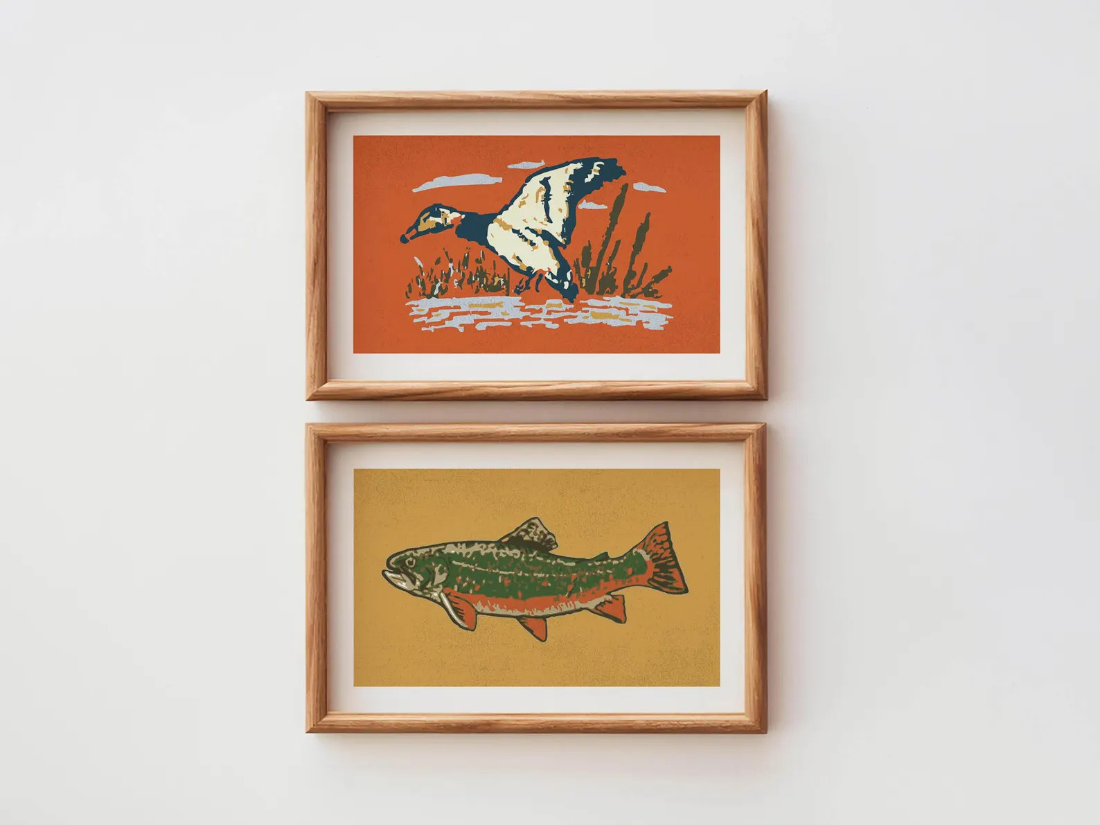 Retro Wildlife Prints Outdoors Art Mallard + Fish Posters Set of 2 Outdoorsy Wall Prints Office D... | Etsy (Global)