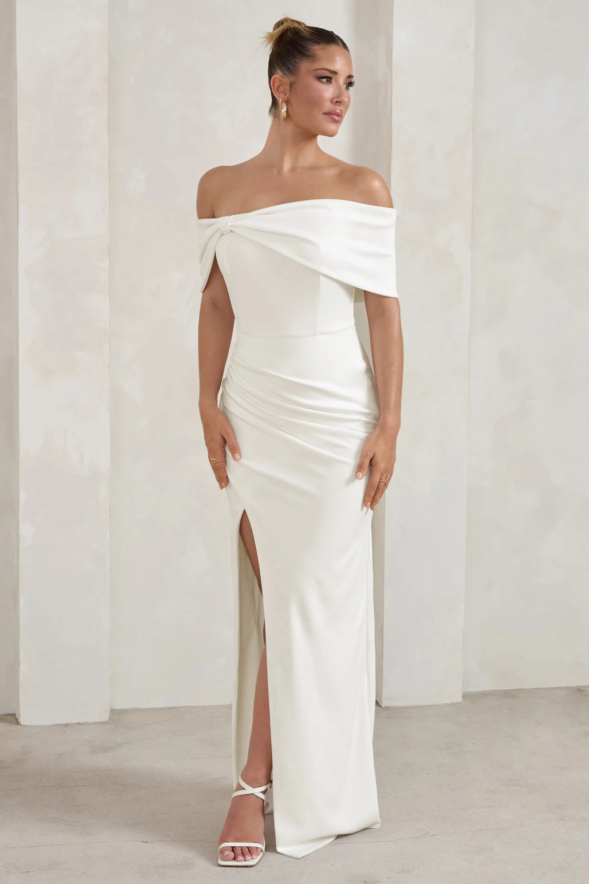 Eva | White Bardot Bow Detail Maxi Dress With Thigh Split | Club L London