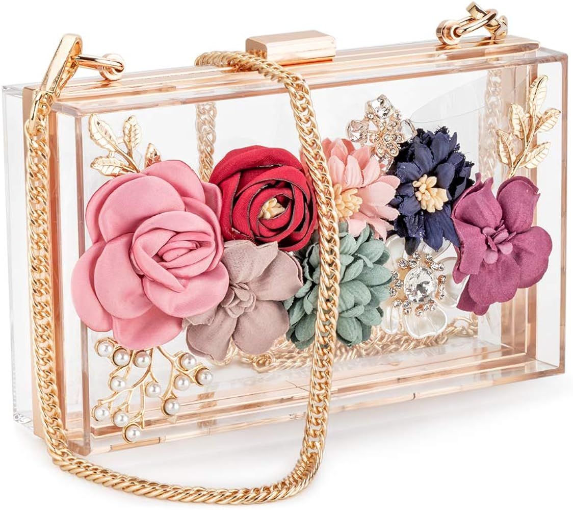 Women Acrylic Flower Clutches Crossbody Purse Evening Bags Chain Strap For Wedding Prom Banquet I... | Amazon (US)