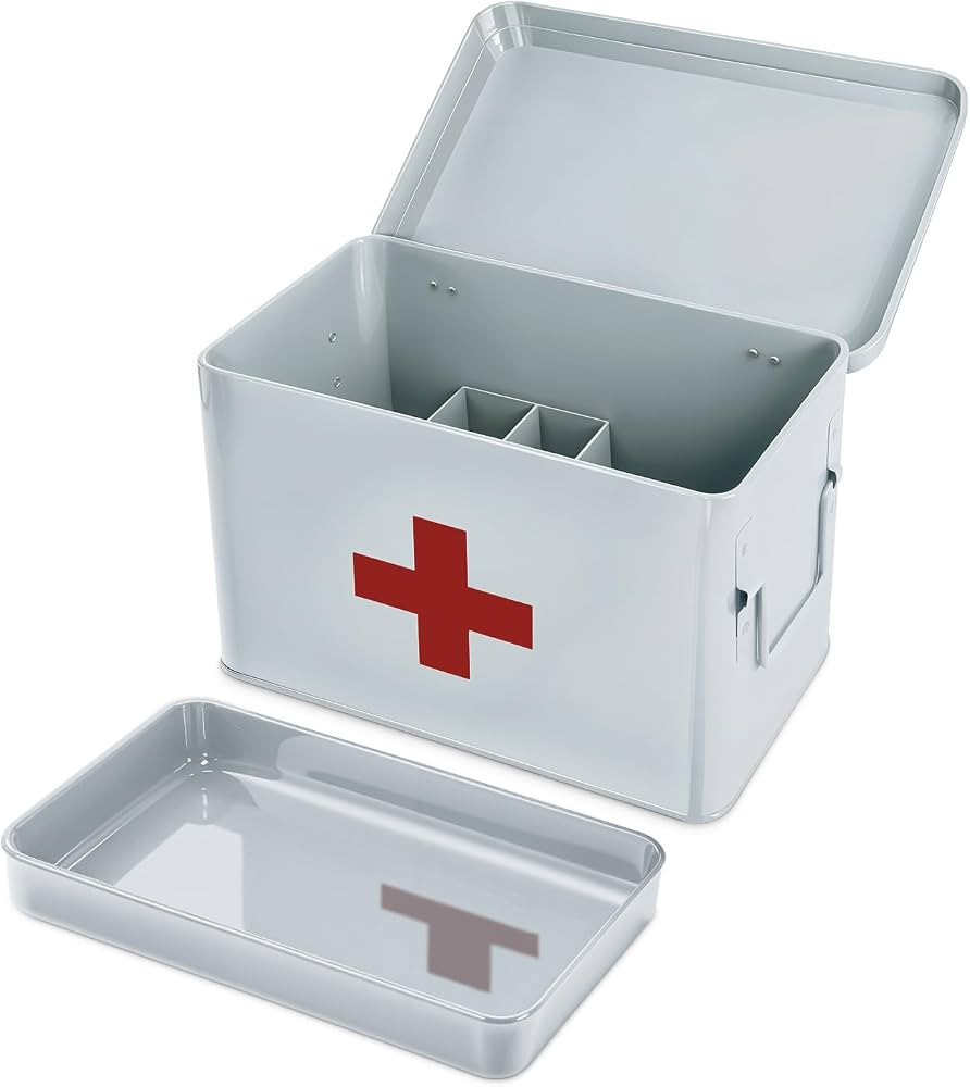 Plexon 8.5" Metal First Aid Box Empty, Medicine Storage Bin with Lid, Emergency Supplies Organizer, Portable First Aid Kit Case, White | Amazon (US)
