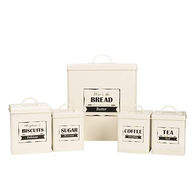 Home By Jackie X321 Cream White Set of 5 Metal Food Tin Canister/Bread Bin/Container/Box/Set (Cream) | Amazon (US)