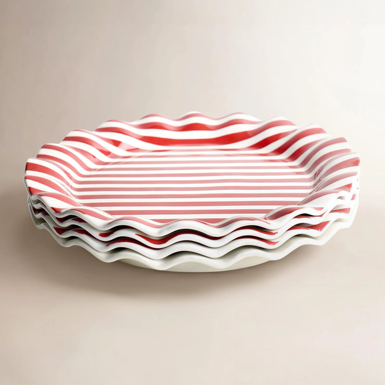 Red Stripe Ruffle Round Platter Set Of 4 (Set of 4) | Birch Lane