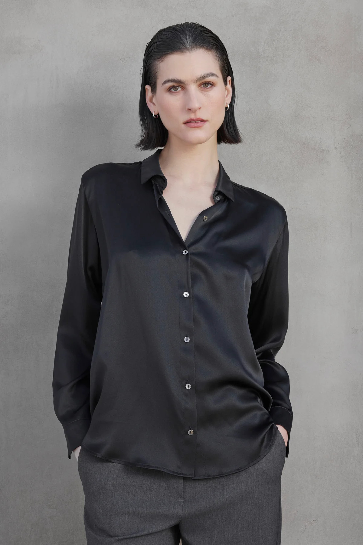 CALABASAS SILK CHARMEUSE BUTTON-UP BLOUSE | Velvet by Graham & Spencer