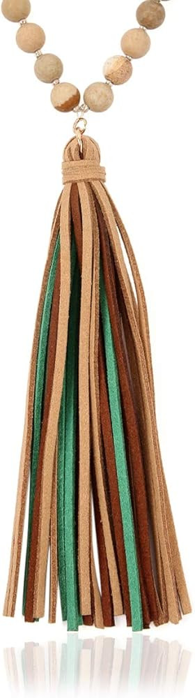 RIAH FASHION Bohemian Tassel Statement Necklace - Lightweight Fabric Faux Suede Fringe Long Bead ... | Amazon (US)