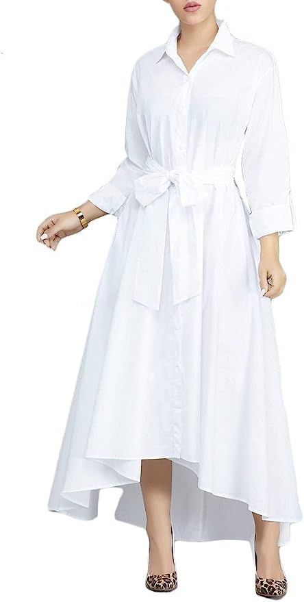 VERWIN Women Long Sleeve Loose Elegant Maxi Dress Button Down Up Shirt Long Dress with Pockets an... | Amazon (US)